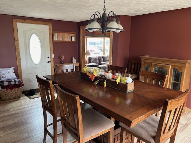 8118 E Mitchell St, Petoskey, MI 49770 - dining space with light wood finished floors, a textured ceiling, and a notable chandelier