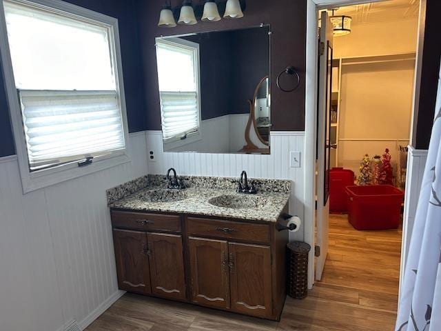 8118 E Mitchell St, Petoskey, MI 49770 - full bath with a wainscoted wall, vanity, and wood finished floors