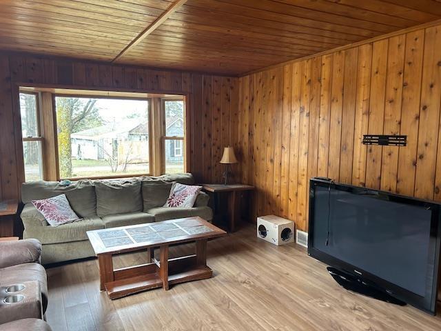 8118 E Mitchell St, Petoskey, MI 49770 - living room with wood ceiling, wood walls, and light wood-style flooring