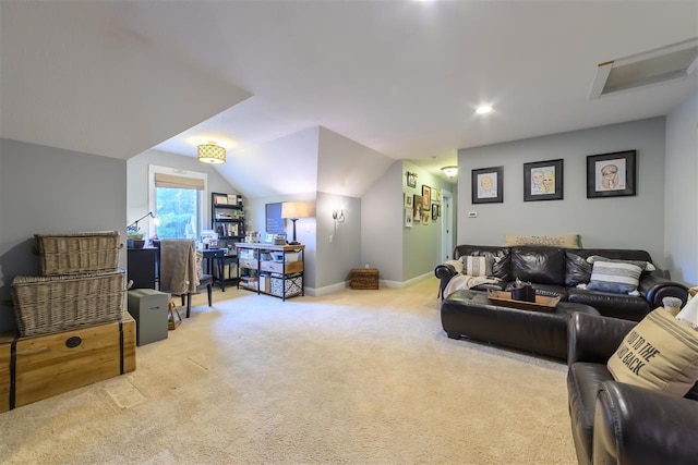 living area with baseboards, carpet flooring, and vaulted ceiling