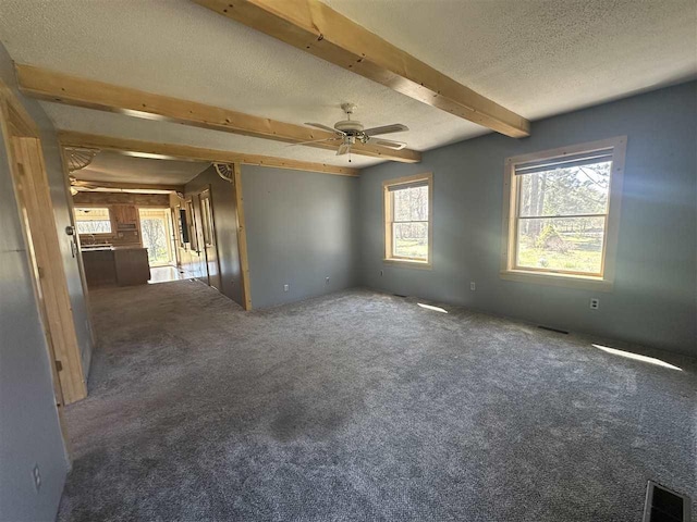 4445 Howard Rd, Petoskey, MI 49770 - spare room with a textured ceiling, carpet, beamed ceiling, and a ceiling fan