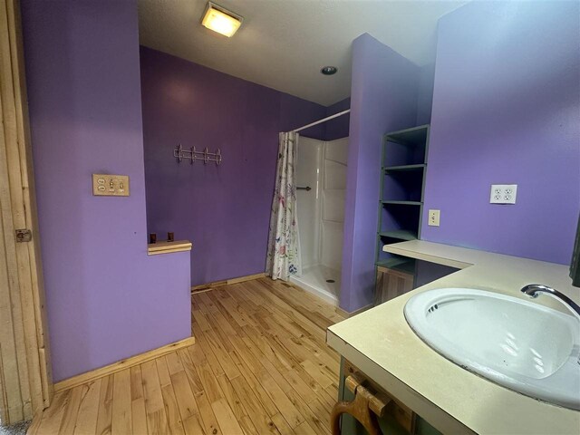 4445 Howard Rd, Petoskey, MI 49770 - full bathroom featuring baseboards, wood finished floors, a stall shower, and a sink
