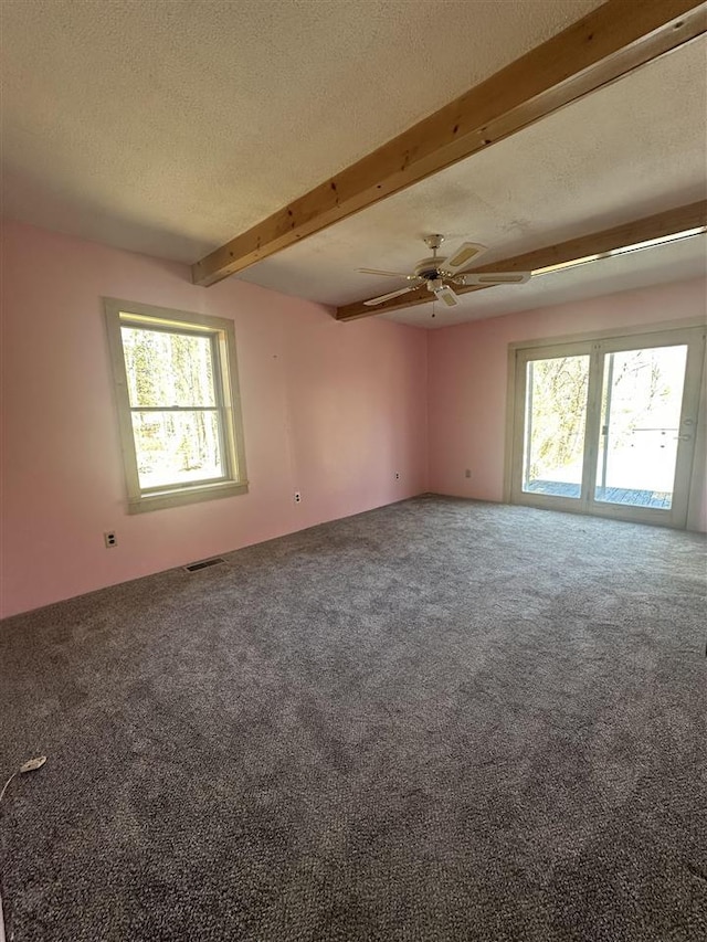4445 Howard Rd, Petoskey, MI 49770 - spare room with a textured ceiling, plenty of natural light, beamed ceiling, and carpet floors