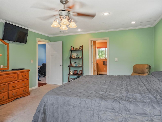 7906 Ferry Rd, East Jordan, MI 49727 - bedroom featuring carpet, crown molding, baseboards, ceiling fan, and recessed lighting