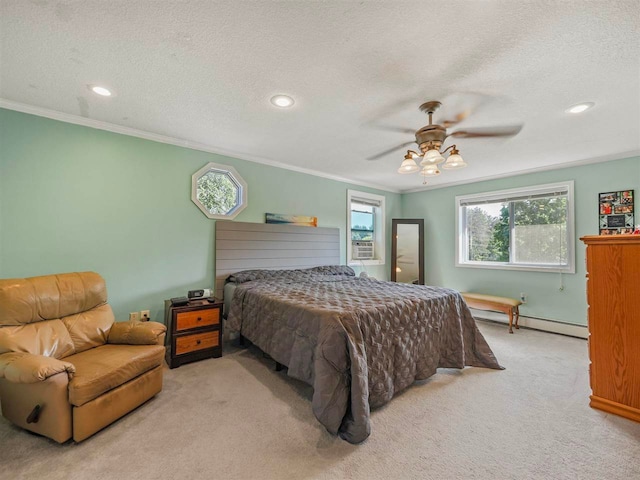 7906 Ferry Rd, East Jordan, MI 49727 - carpeted bedroom with a baseboard radiator, a textured ceiling, crown molding, and recessed lighting