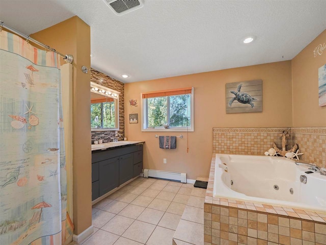 7906 Ferry Rd, East Jordan, MI 49727 - bathroom featuring vanity, visible vents, tile patterned flooring, a jetted tub, and baseboard heating