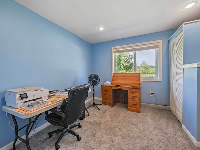 7906 Ferry Rd, East Jordan, MI 49727 - home office featuring baseboards, light carpet, and recessed lighting