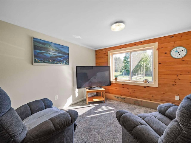 7906 Ferry Rd, East Jordan, MI 49727 - living area featuring carpet, wooden walls, and visible vents