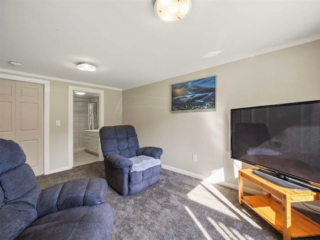 7906 Ferry Rd, East Jordan, MI 49727 - carpeted living area featuring baseboards and crown molding