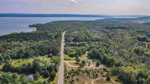 7906 Ferry Rd, East Jordan, MI 49727 - birds eye view of property featuring a wooded view and a water view