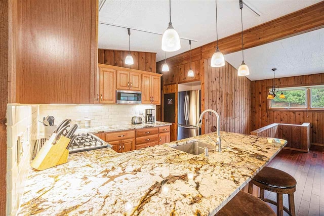 3414 Reycraft Rd, Boyne City, MI 49712 - kitchen with appliances with stainless steel finishes, dark wood-style floors, a sink, wood walls, and light stone countertops