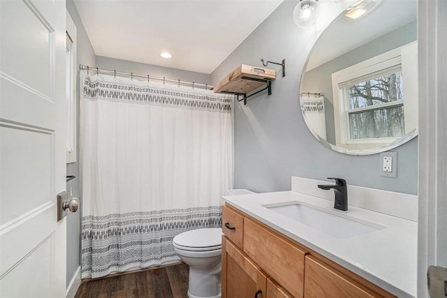 110 Hillcrest, East Jordan, MI 49727 - full bathroom featuring toilet, wood finished floors, vanity, recessed lighting, and a shower with curtain