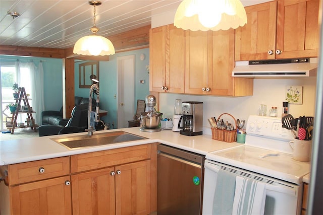 kitchen with white electric range oven, dishwasher, a sink, ventilation hood, and light countertops