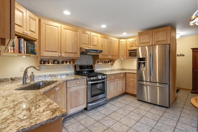 8120 Susan Shore Dr, Charlevoix, MI 49720 - kitchen featuring appliances with stainless steel finishes, under cabinet range hood, a sink, light brown cabinets, and recessed lighting