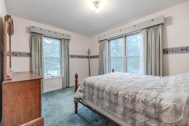 carpeted bedroom featuring multiple windows and baseboards