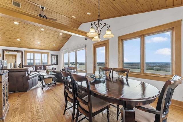4133 Shadynook Rd, Central Lake, MI 49622 - dining space with wooden ceiling, light wood-type flooring, a chandelier, and recessed lighting