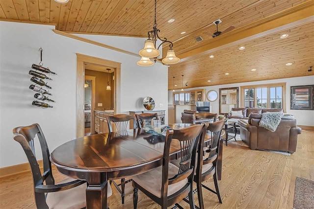 4133 Shadynook Rd, Central Lake, MI 49622 - dining area with wooden ceiling, light wood-type flooring, recessed lighting, a chandelier, and baseboards
