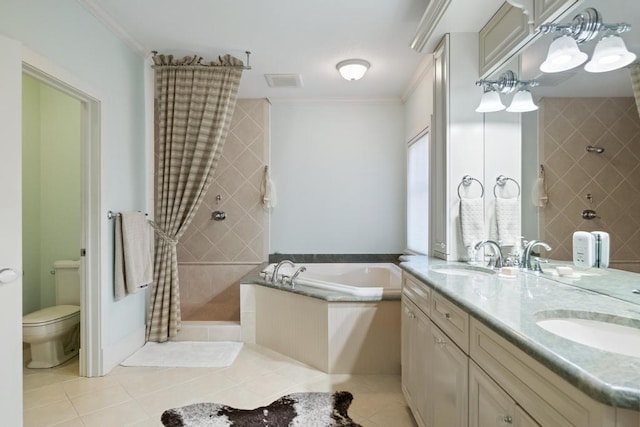 334 Birchwood Ter, Harbor Springs, MI 49740 - bathroom featuring a stall shower, a bath, tile patterned floors, ornamental molding, and toilet