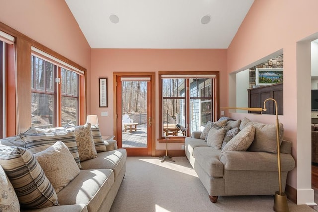 334 Birchwood Ter, Harbor Springs, MI 49740 - living area featuring plenty of natural light, carpet floors, and high vaulted ceiling