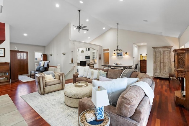334 Birchwood Ter, Harbor Springs, MI 49740 - living area with ceiling fan, high vaulted ceiling, dark wood finished floors, baseboards, and recessed lighting
