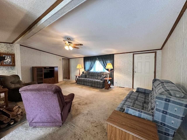 4049 Musser Rd, Mancelona, MI 49659 - carpeted living area with a textured ceiling, ceiling fan, and crown molding