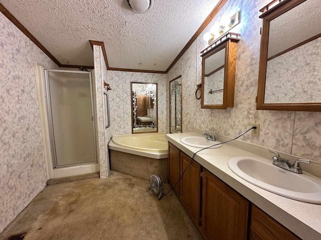 4049 Musser Rd, Mancelona, MI 49659 - full bath with ornamental molding, a textured ceiling, a stall shower, double vanity, and a bath