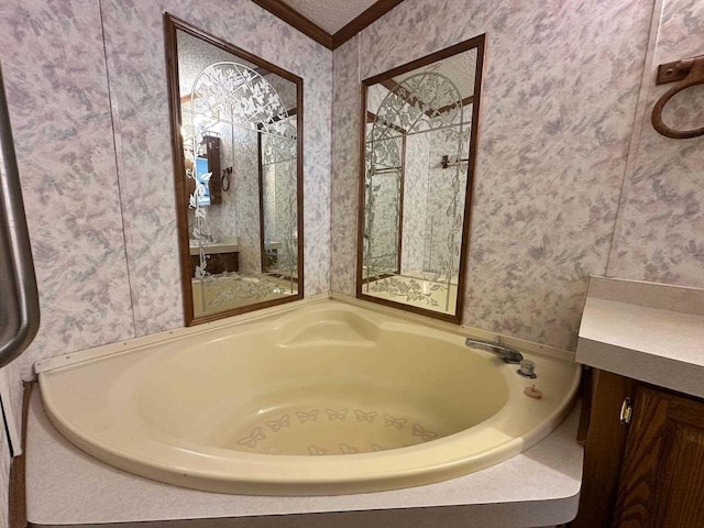 4049 Musser Rd, Mancelona, MI 49659 - full bath featuring wallpapered walls, a bath, ornamental molding, and vanity