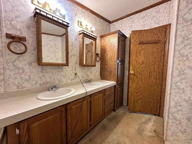 4049 Musser Rd, Mancelona, MI 49659 - full bath featuring wallpapered walls, ornamental molding, a textured ceiling, and double vanity