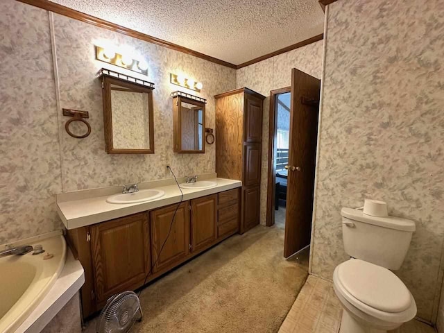 4049 Musser Rd, Mancelona, MI 49659 - full bathroom featuring crown molding, a textured ceiling, wallpapered walls, toilet, and double vanity