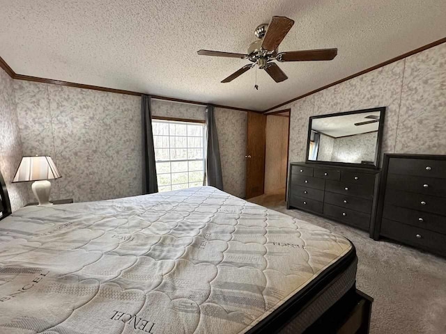4049 Musser Rd, Mancelona, MI 49659 - bedroom featuring lofted ceiling, wallpapered walls, ornamental molding, carpet, and a textured ceiling