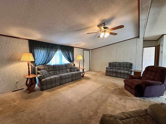 4049 Musser Rd, Mancelona, MI 49659 - carpeted living area featuring a textured ceiling, a ceiling fan, and crown molding