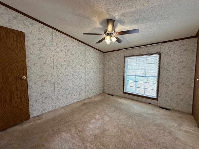 4049 Musser Rd, Mancelona, MI 49659 - carpeted empty room with ornamental molding, a ceiling fan, and a textured ceiling