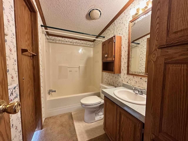 4049 Musser Rd, Mancelona, MI 49659 - full bathroom with wallpapered walls, a textured ceiling, ornamental molding, shower / bath combination, and vanity
