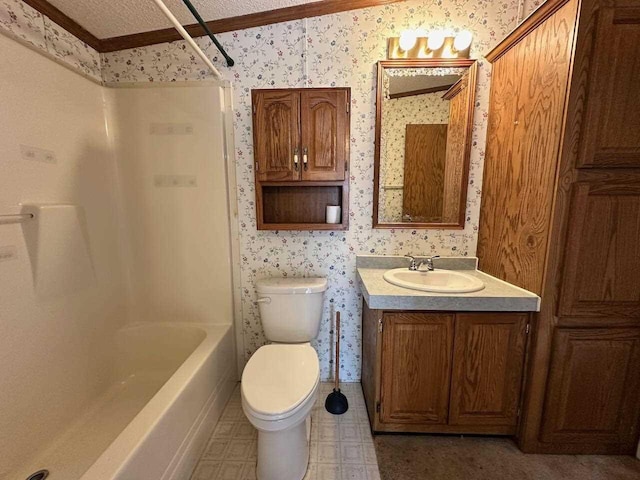 4049 Musser Rd, Mancelona, MI 49659 - bathroom featuring wallpapered walls, ornamental molding, toilet, vanity, and shower / bath combination