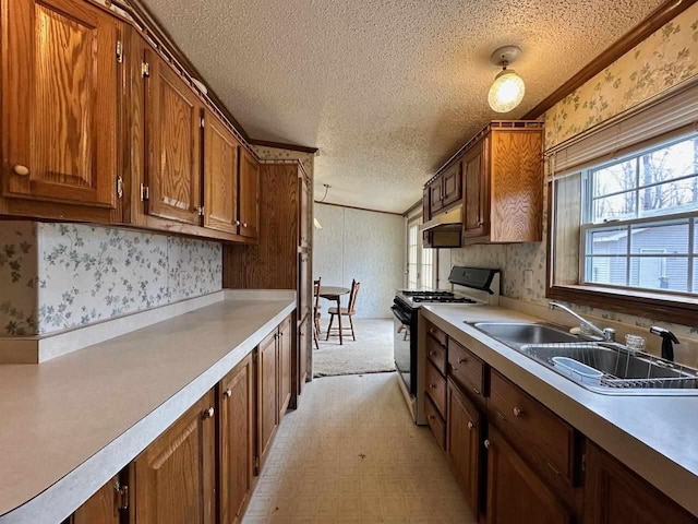 4049 Musser Rd, Mancelona, MI 49659 - kitchen with gas stove, wallpapered walls, a sink, a textured ceiling, and plenty of natural light