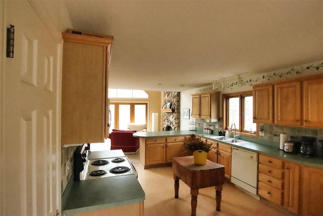 3330 Commodore Dr, East Jordan, MI 49727 - kitchen with dishwasher, a sink, a peninsula, range with electric stovetop, and backsplash
