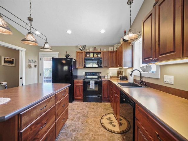 10300 Vista Ridge Dr, Alden, MI 49612 - kitchen with black appliances, a sink, pendant lighting, dark countertops, and recessed lighting