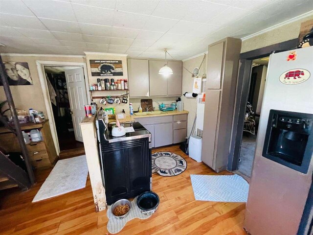 9690 Lake St, Ellsworth, MI 49729 - kitchen with stainless steel fridge with ice dispenser, light wood-style floors, crown molding, decorative light fixtures, and gray cabinets