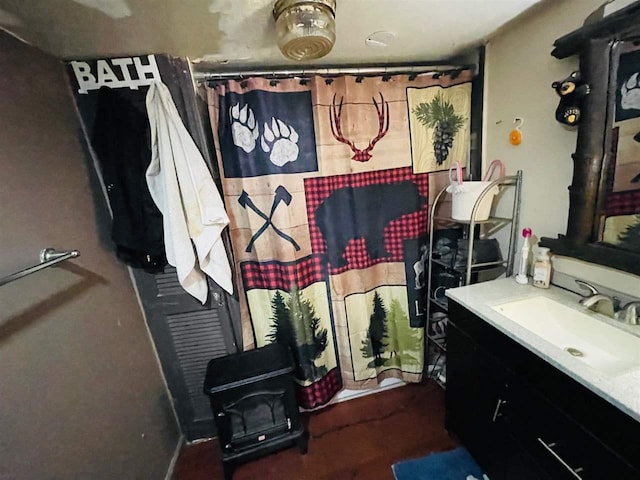 9690 Lake St, Ellsworth, MI 49729 - full bathroom with a wood stove, vanity, and a shower with curtain