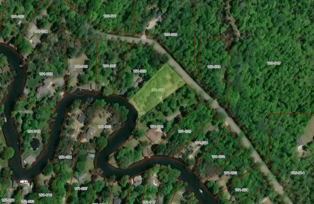 8282 Devils Elbow Dr, Brutus, MI 49716 - aerial view of property's location with property boundaries highlighted