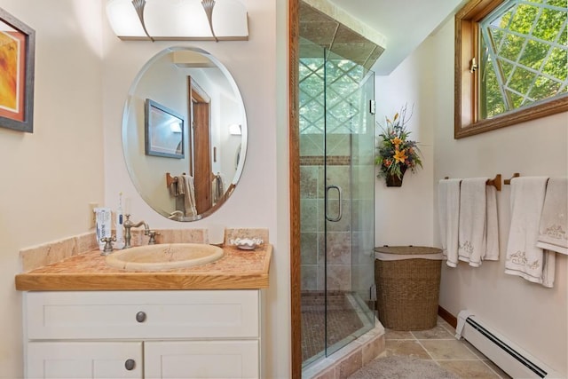 1442 Indian Point Rd, Brutus, MI 49716 - bathroom featuring baseboard heating, a stall shower, vanity, and baseboards