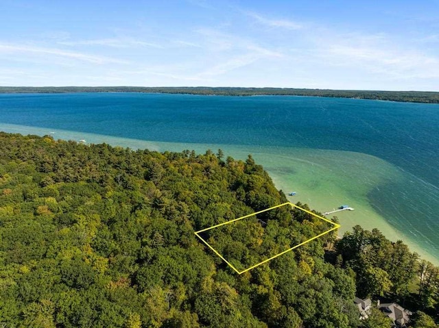 1442 Indian Point Rd, Brutus, MI 49716 - aerial view of property's location with property parcel outlined, a heavily wooded area, and a large body of water