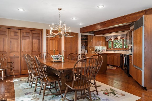 1442 Indian Point Rd, Brutus, MI 49716 - dining room with a chandelier, light wood-type flooring, beamed ceiling, and recessed lighting