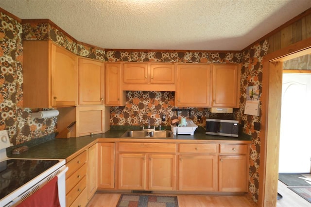 kitchen with electric stove, stainless steel microwave, a sink, a textured ceiling, and wallpapered walls