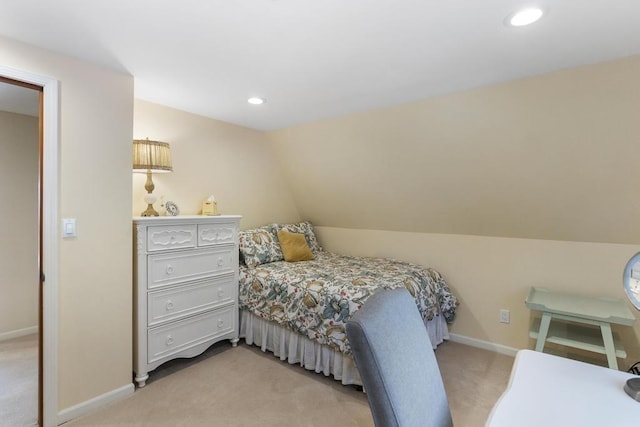 bedroom with light carpet, recessed lighting, baseboards, and vaulted ceiling