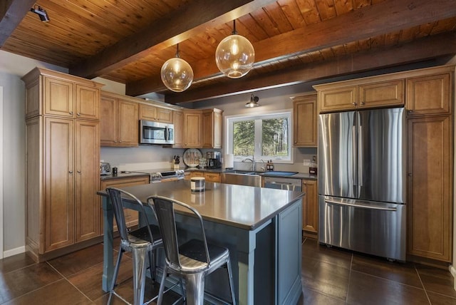 kitchen with stainless steel appliances, wood ceiling, beam ceiling, a sink, and a center island