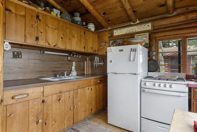 1400 Michigan Ave, East Jordan, MI 49727 - kitchen featuring white appliances, beamed ceiling, wooden ceiling, brown cabinets, and tasteful backsplash