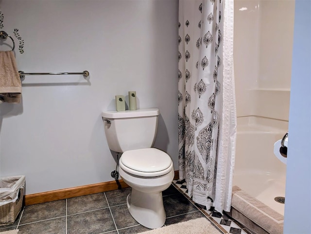 2280 S Eckhardt Rd, Bellaire, MI 49615 - bathroom featuring a stall shower, toilet, baseboards, and tile patterned floors