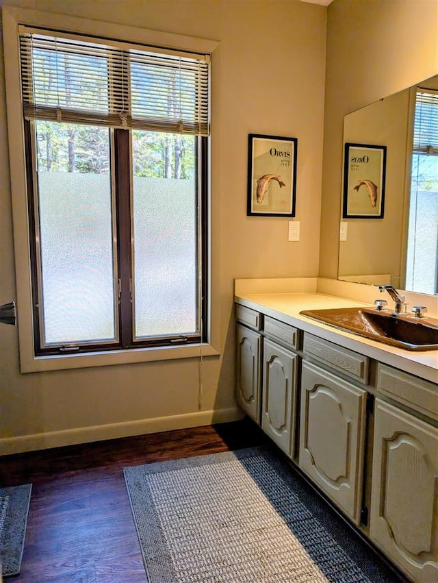 5350 Golfview Rd, Bellaire, MI 49615 - bathroom featuring baseboards, wood finished floors, and vanity