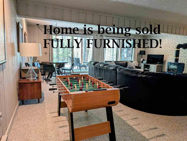 5350 Golfview Rd, Bellaire, MI 49615 - rec room featuring carpet, a wood stove, a textured ceiling, and baseboards